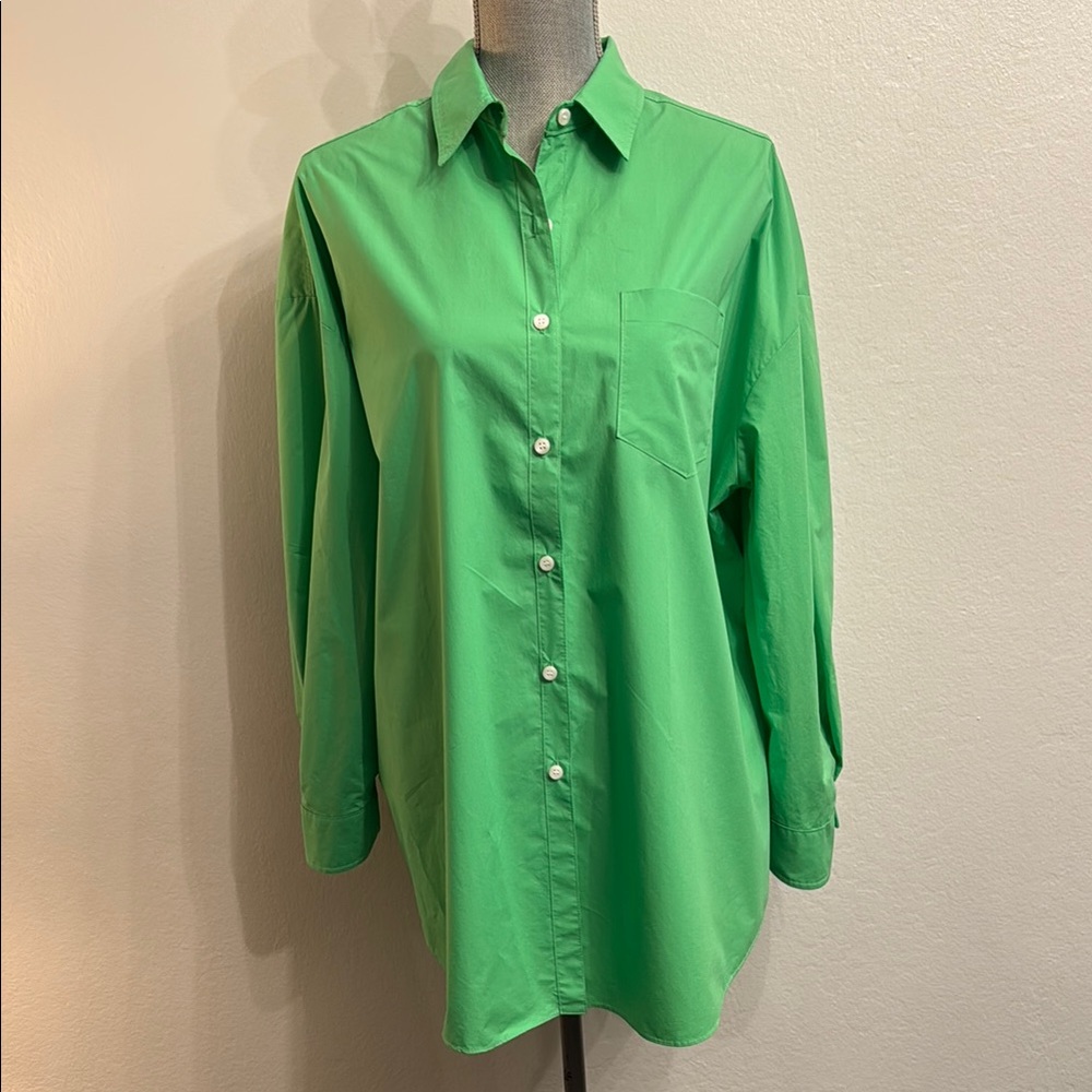 The Frankie Shop Melody Organic Cotton Button-Up Shirt Island Green Size M/L NWT